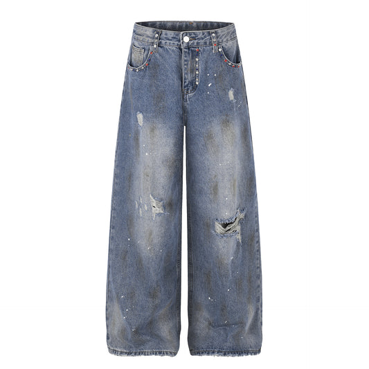 Washed Paint Damage Wide Leg Denim Jeans WN25394