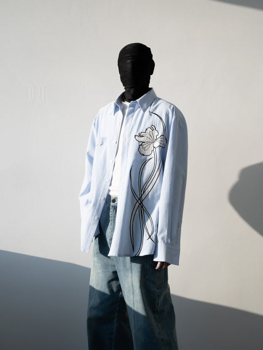 Iris Applique Embroidery Striped Oversize Long Sleeve Shirt WN23844