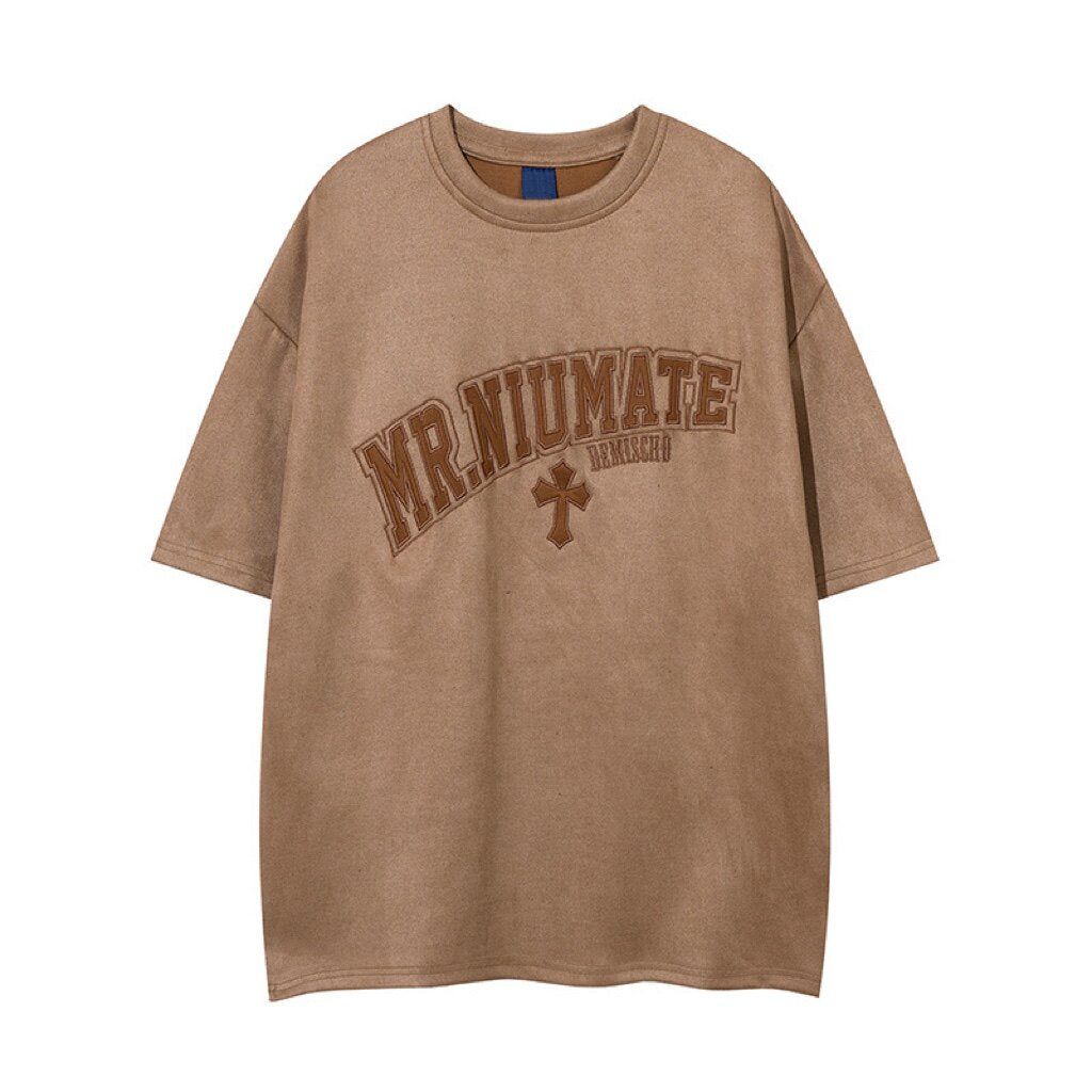 Suede Embroidery Oversize Short Sleeve T-Shirt WN24409