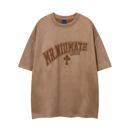 Suede Embroidery Oversize Short Sleeve T-Shirt WN24409
