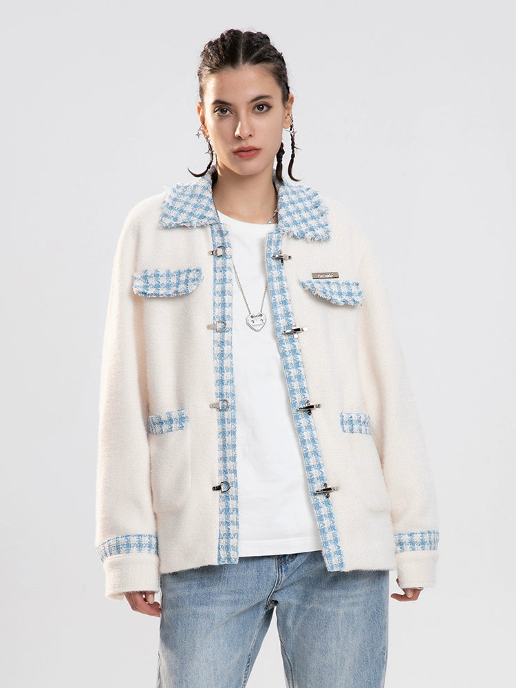 Herringbone Plaid Embroidery Oversize Jacket WN10078