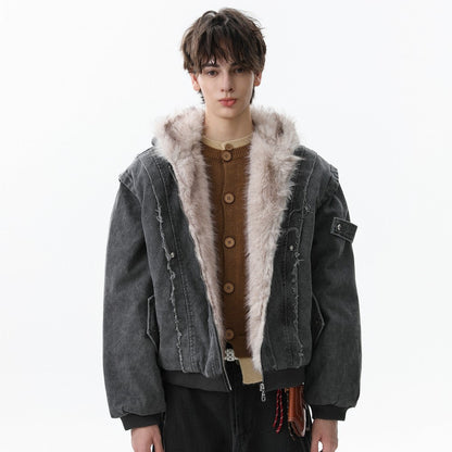 Fake Fur Collar Hooded Washed Canvas Puffer Jacket WN27836