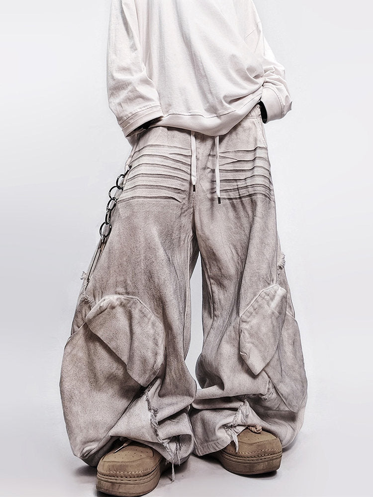 Curved Cut Wide Leg Cargo Denim Jeans WN23992