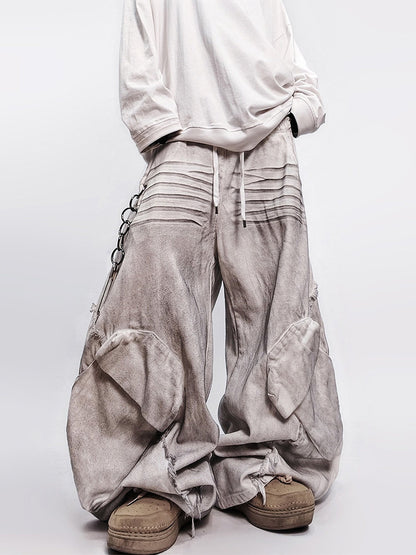 Curved Cut Wide Leg Cargo Denim Jeans WN23992