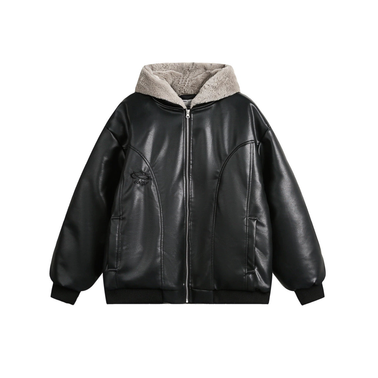 Thick Fake Layered Fleece Hooded PU Leather Jacket WN10949