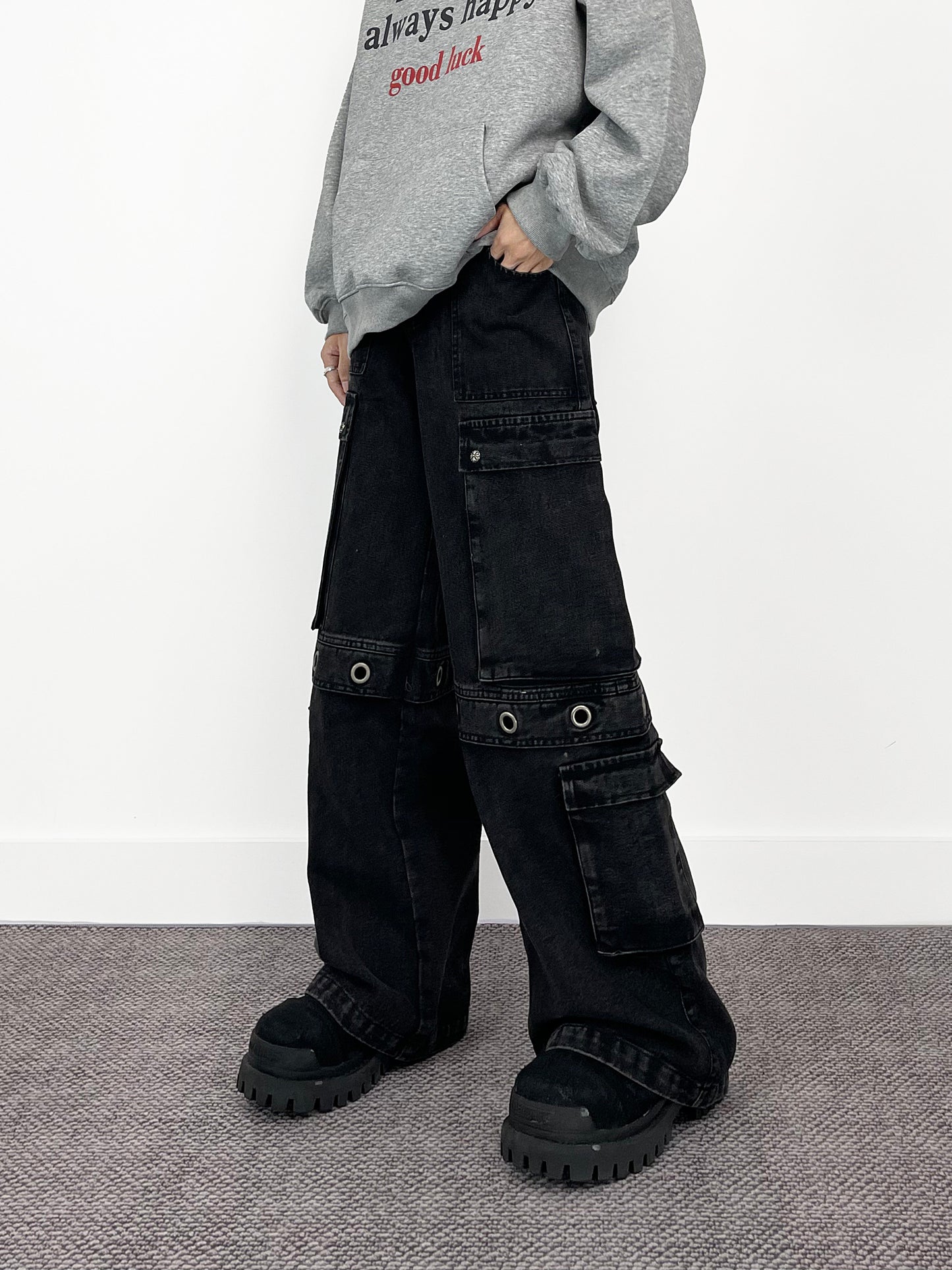 Multi Pocket Strap Detail Wide Leg Denim Jeans WN24289