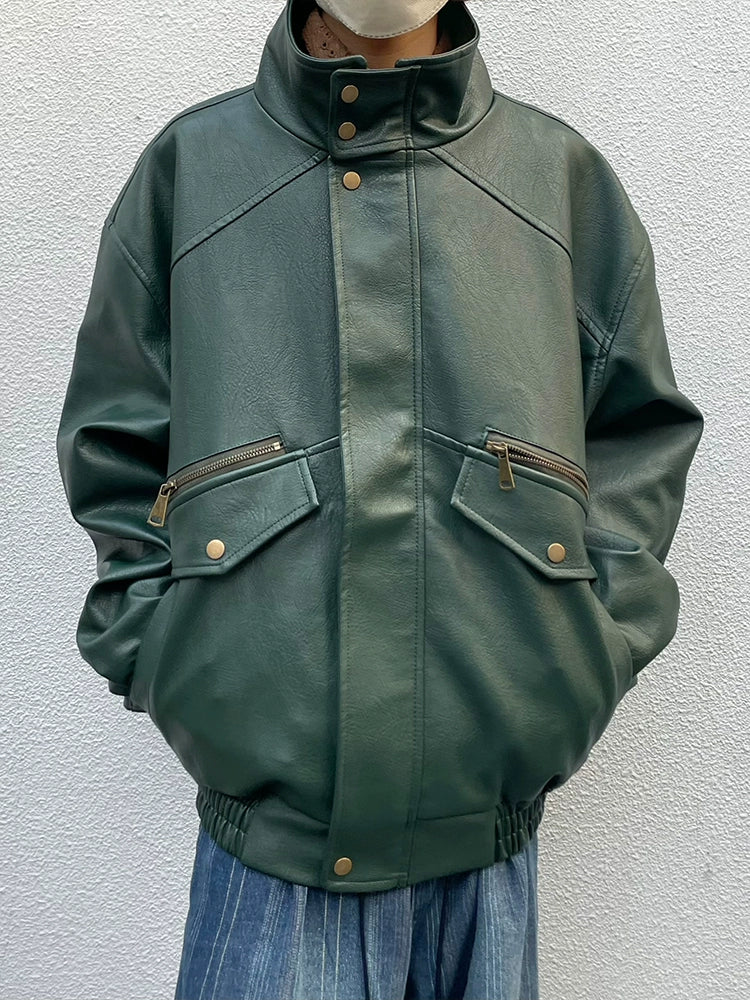 Stand Neck Oversize Windproof PU Leather Jacket WN19987