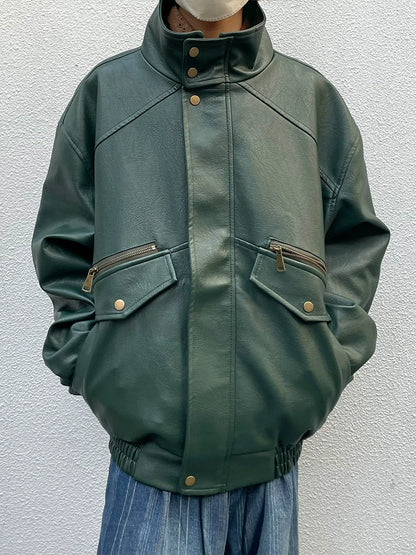 Stand Neck Oversize Windproof PU Leather Jacket WN19987