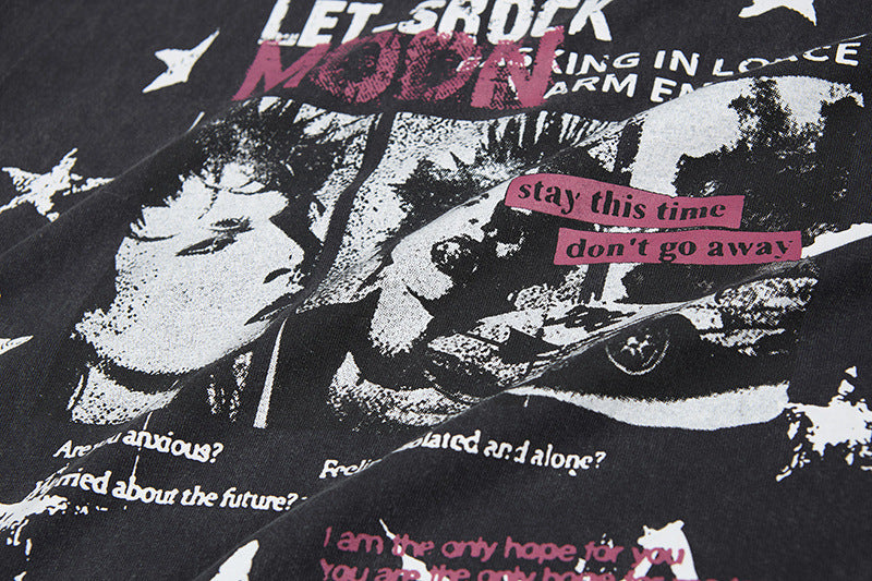 Washed Portrait Letter Print Short Sleeve T-Shirt WN25399