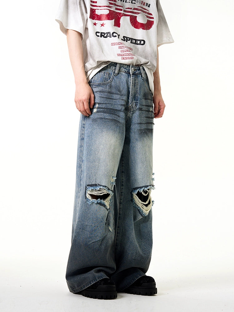 Damage Wide Leg Denim Jeans WN7638