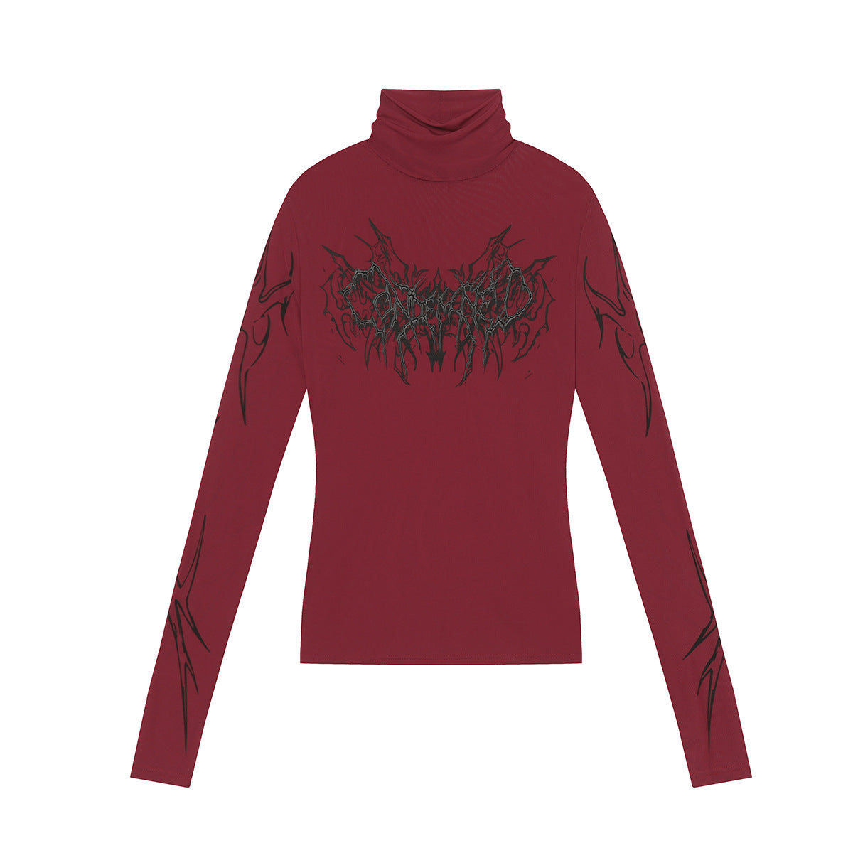 High-Neck Mesh Graphic Print Long Sleeve T-Shirt WN25627