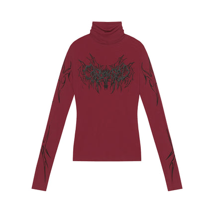 High-Neck Mesh Graphic Print Long Sleeve T-Shirt WN25627