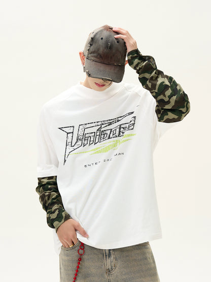 Cracked Letter Splicing Camouflage Fake Layered Long Sleeve T-shirt WN8422