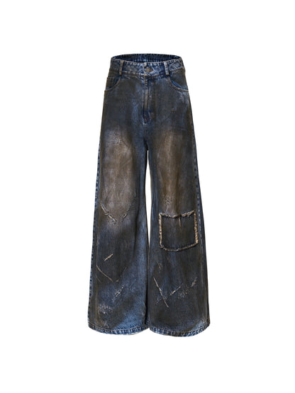 Dyed Damage Wide Leg Denim Jeans WN21843