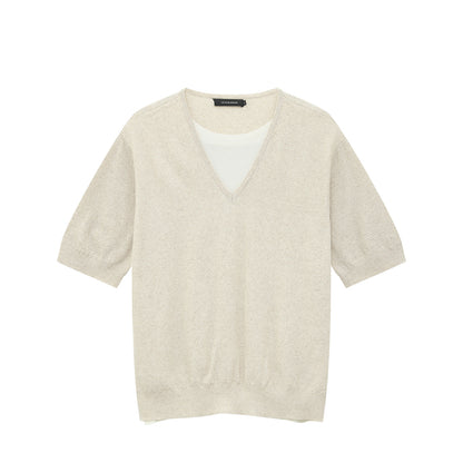 Fake Layered V-Neck Short Sleeve Summer Knit Sweater WN25035