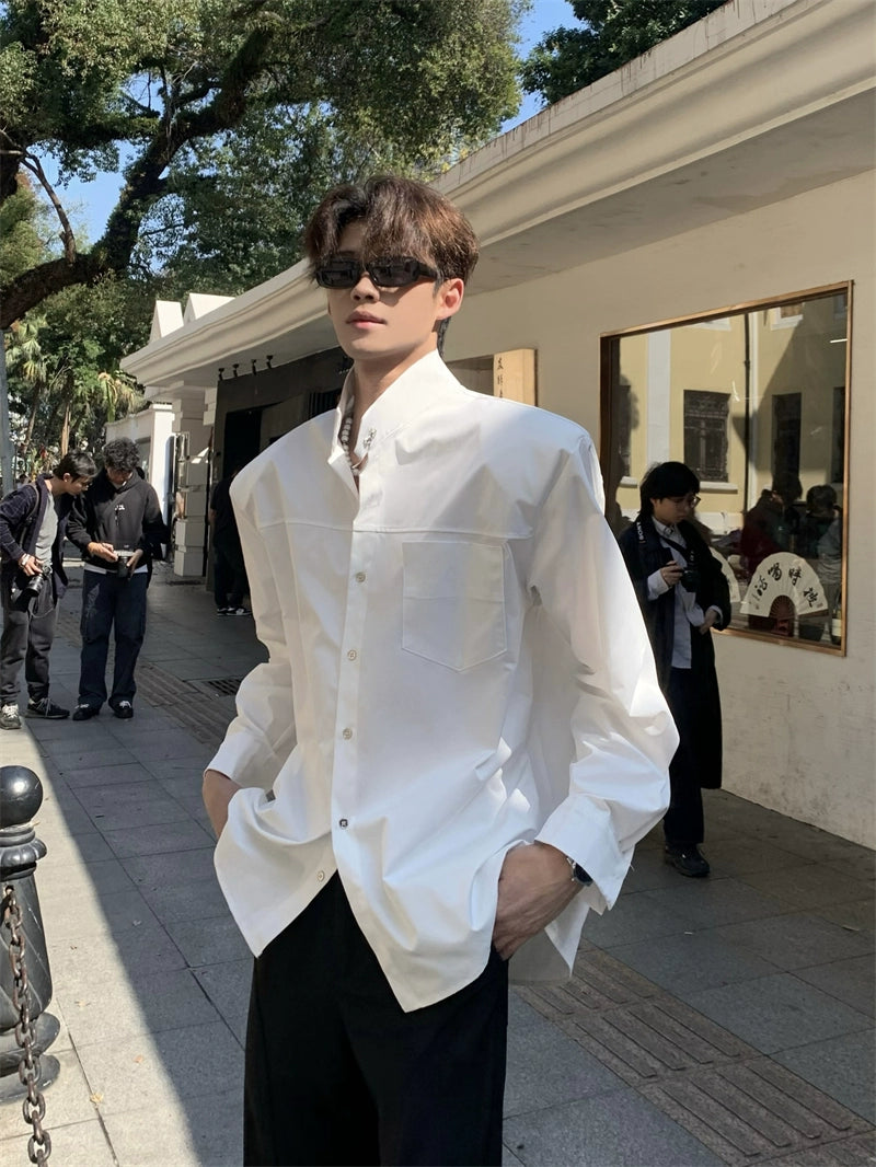 Shoulder-Pad Standing-Collar Long Sleeve Shirt WN20049