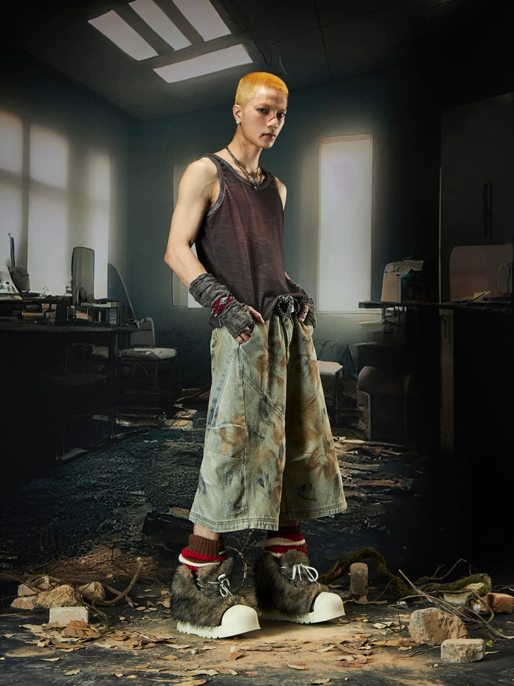 Wash Side Pleats Layered Wide Leg Half Pants WN18473