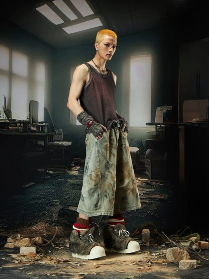 Wash Side Pleats Layered Wide Leg Half Pants WN18473