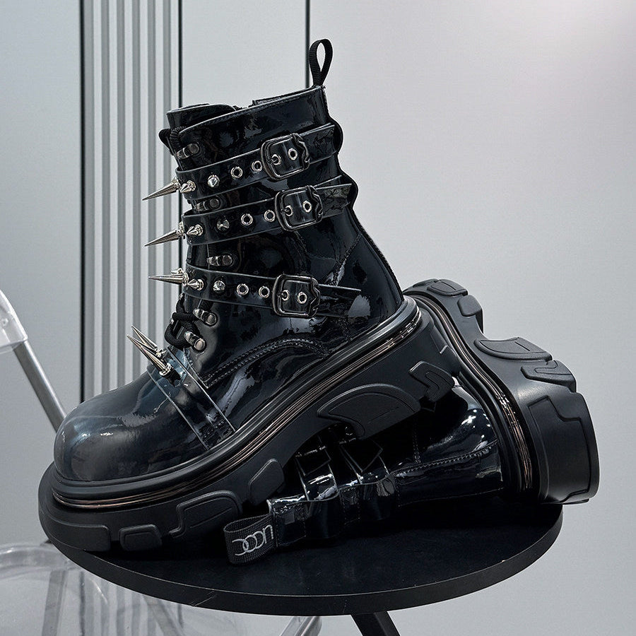 Patent Strap Buckle Spike Platform Boots WN24726