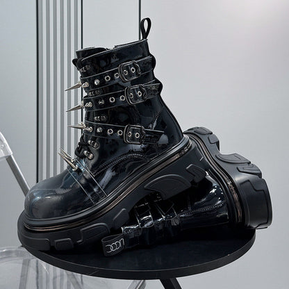 Patent Strap Buckle Spike Platform Boots WN24726