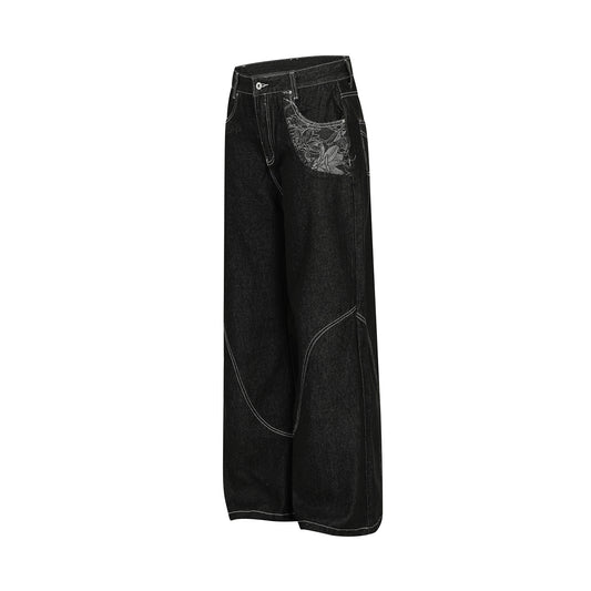Contrast Stitch Bandana Patch Wide Leg Denim Jeans WN25979
