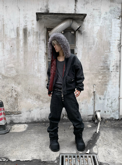 Hooded Fake Fur-Collar Zipper Short Jacket WN22217