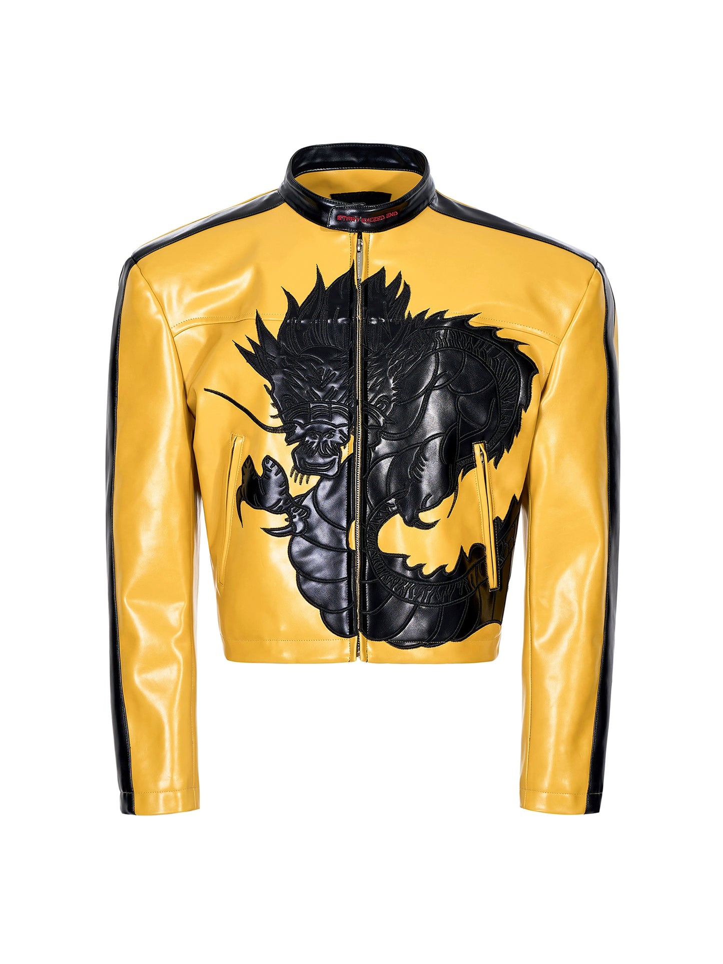 Dragon Embroidery Colorblock Stand Neck PU Leather Jacket WN22129