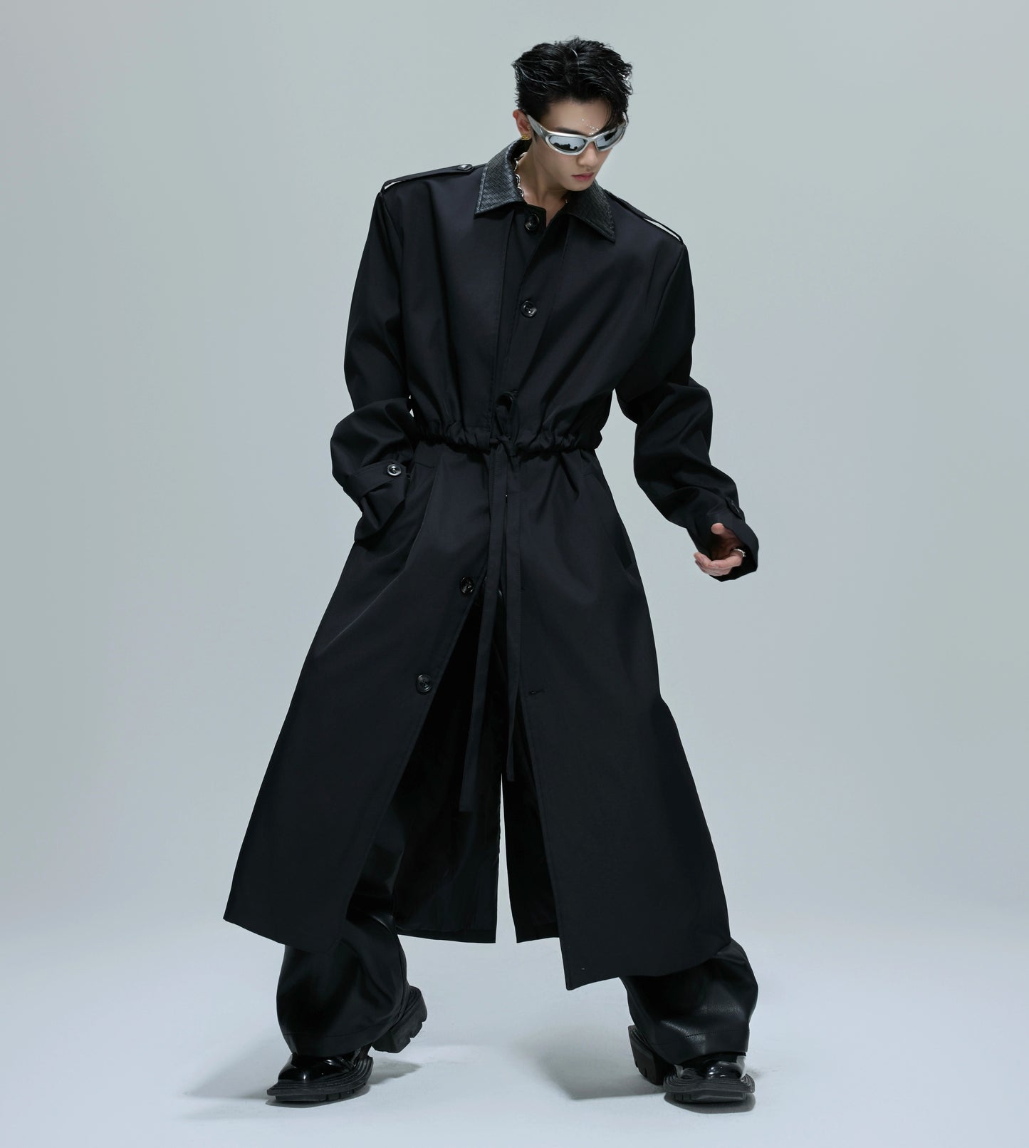 Fake Layered Woven PU Leather Long Coat WN21683