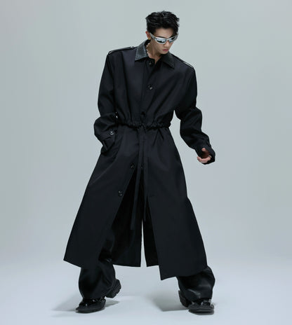 Fake Layered Woven PU Leather Long Coat WN21683