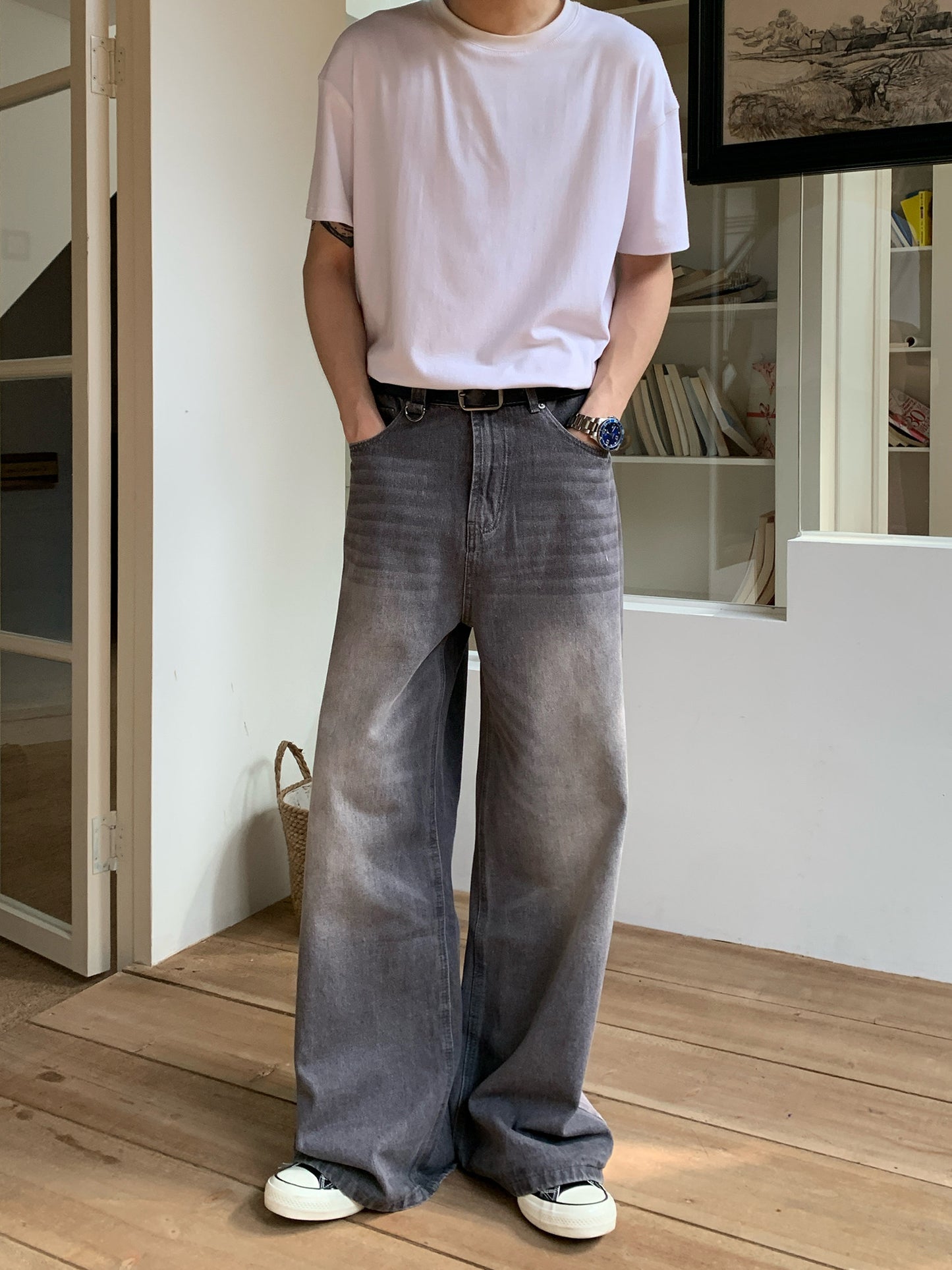 Washed Wide Leg Denim Jeans WN24964