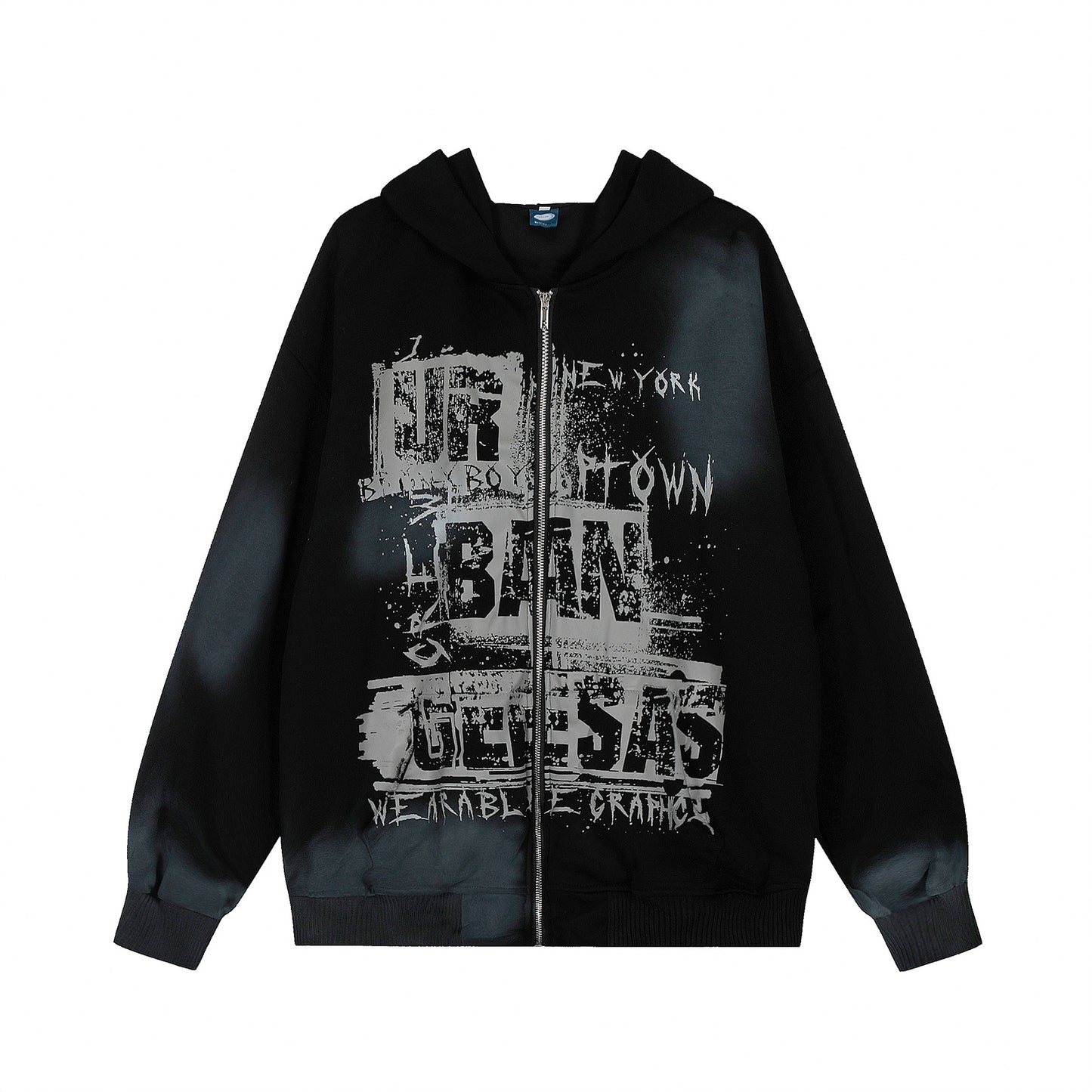 Washed Letter Print Zipper Hoodie WN15047