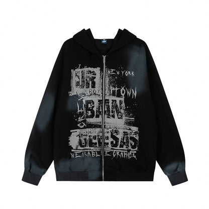 Washed Letter Print Zipper Hoodie WN15047