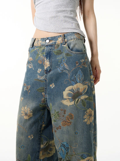 Floral Print Wide-Leg Straight Denim Jeans WN7630