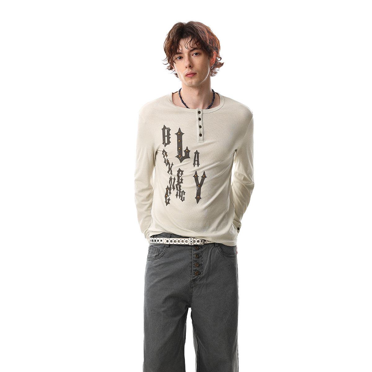 Henley Letter Studs Detail Long Sleeve T-Shirt WN25404
