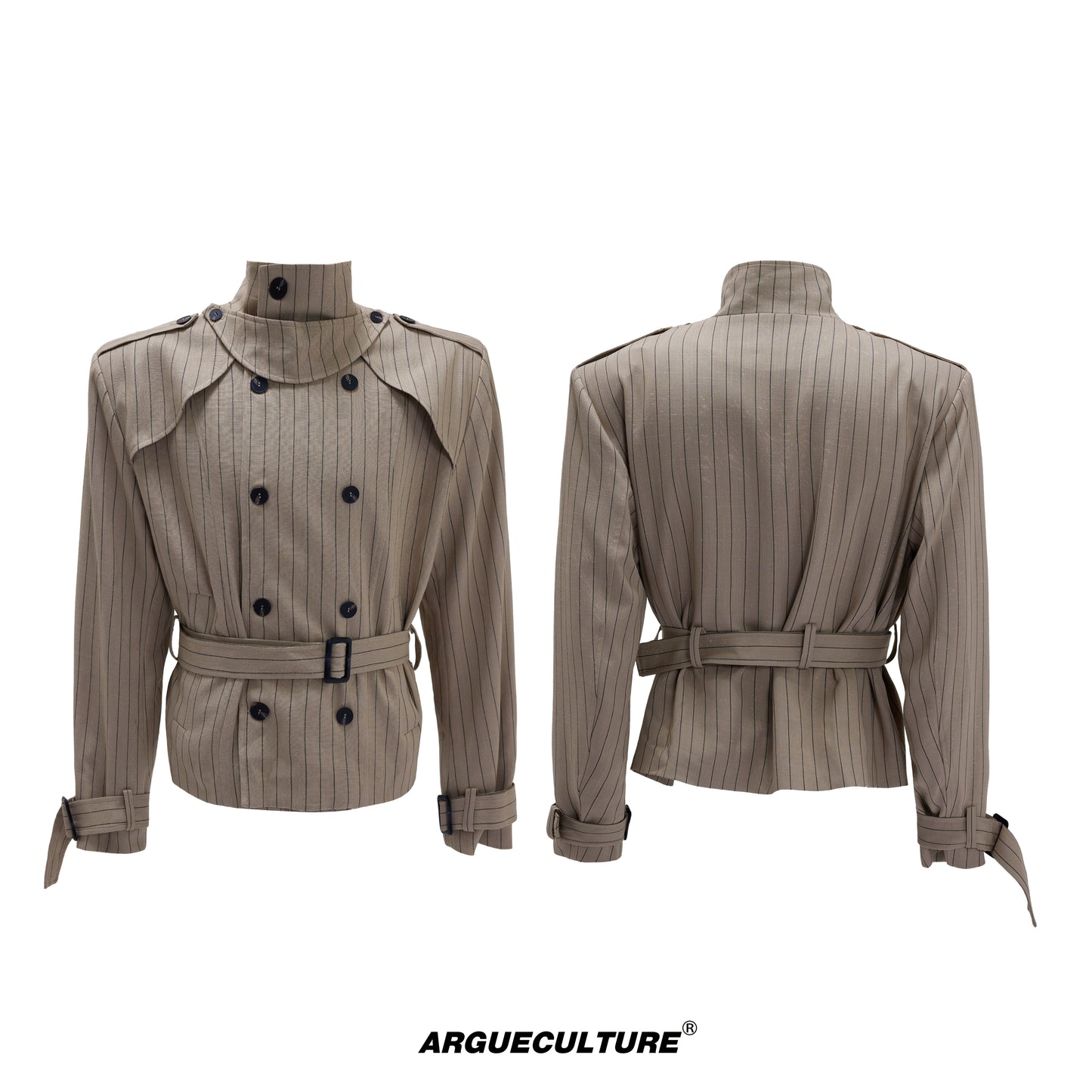 Stripe Multi-Panel Shoulder-Pad Belted Jacket & Trousers Setup WN21729