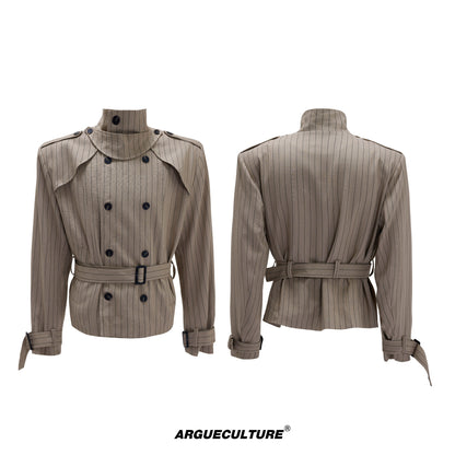 Stripe Multi-Panel Shoulder-Pad Belted Jacket & Trousers Setup WN21729