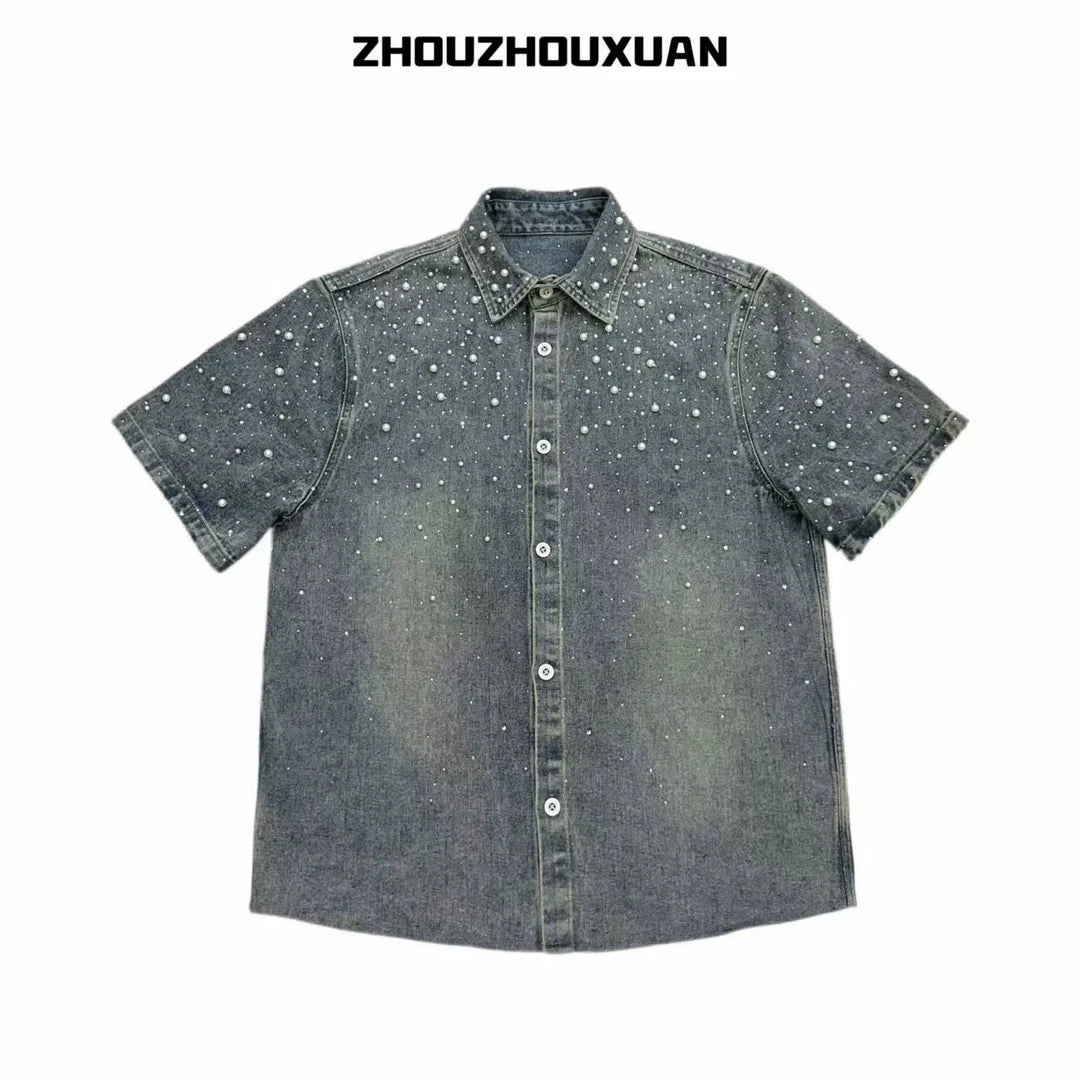 Pearl Decoration Wash Short Sleeve Denim Shirt WN20711