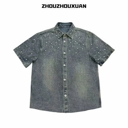Pearl Decoration Wash Short Sleeve Denim Shirt WN20711
