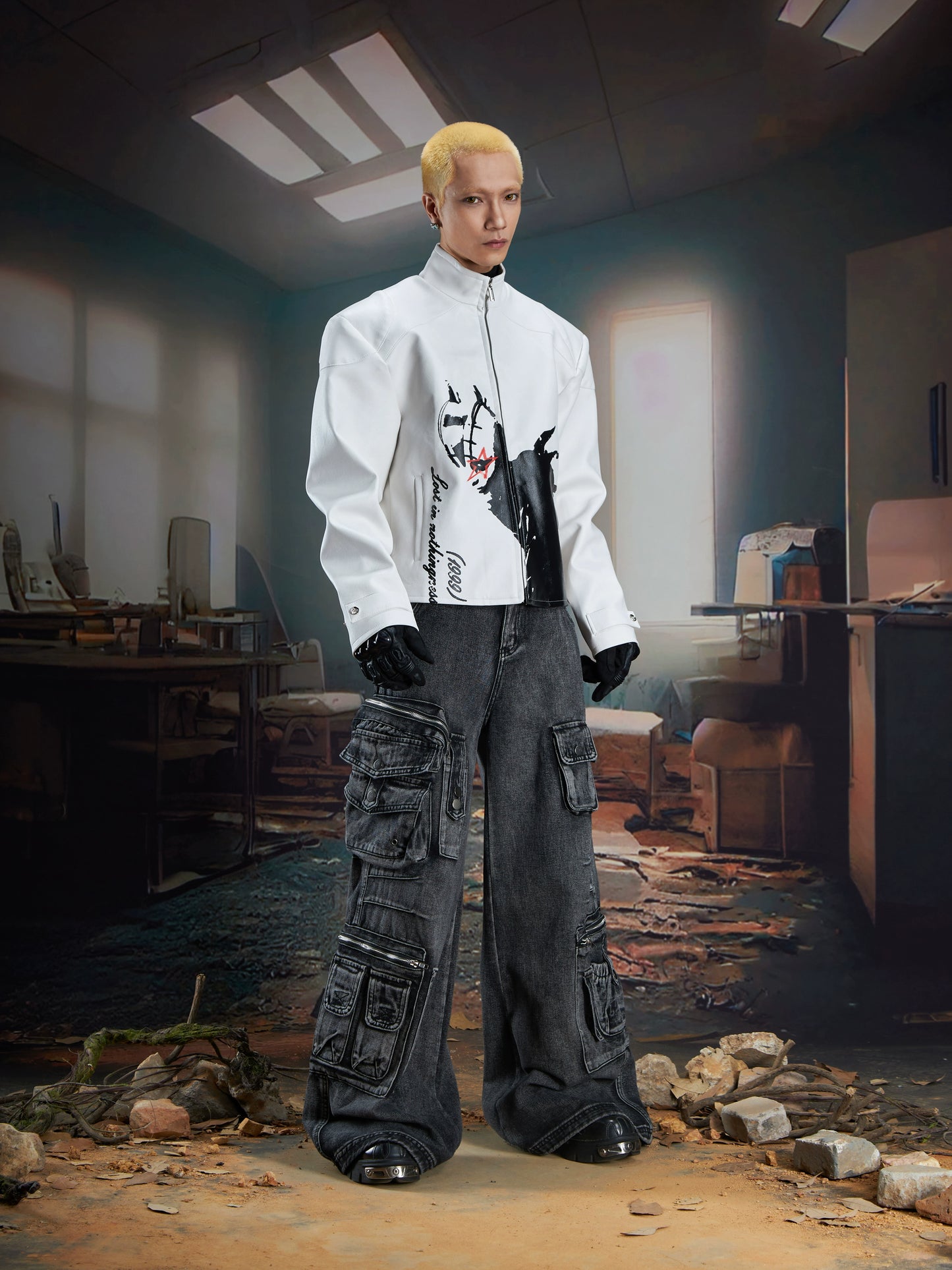 Multi-Pocket Washed Wide Leg Cargo Denim Jeans WN21341