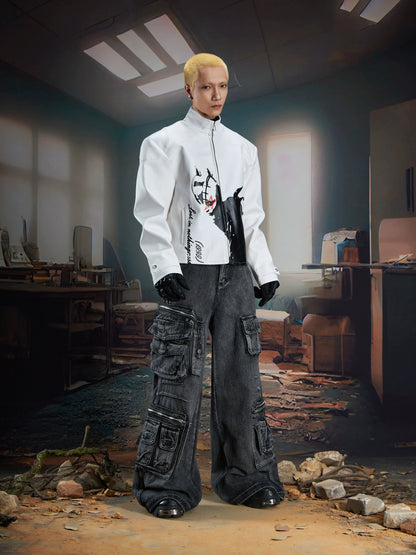 Multi-Pocket Washed Wide Leg Cargo Denim Jeans WN21341