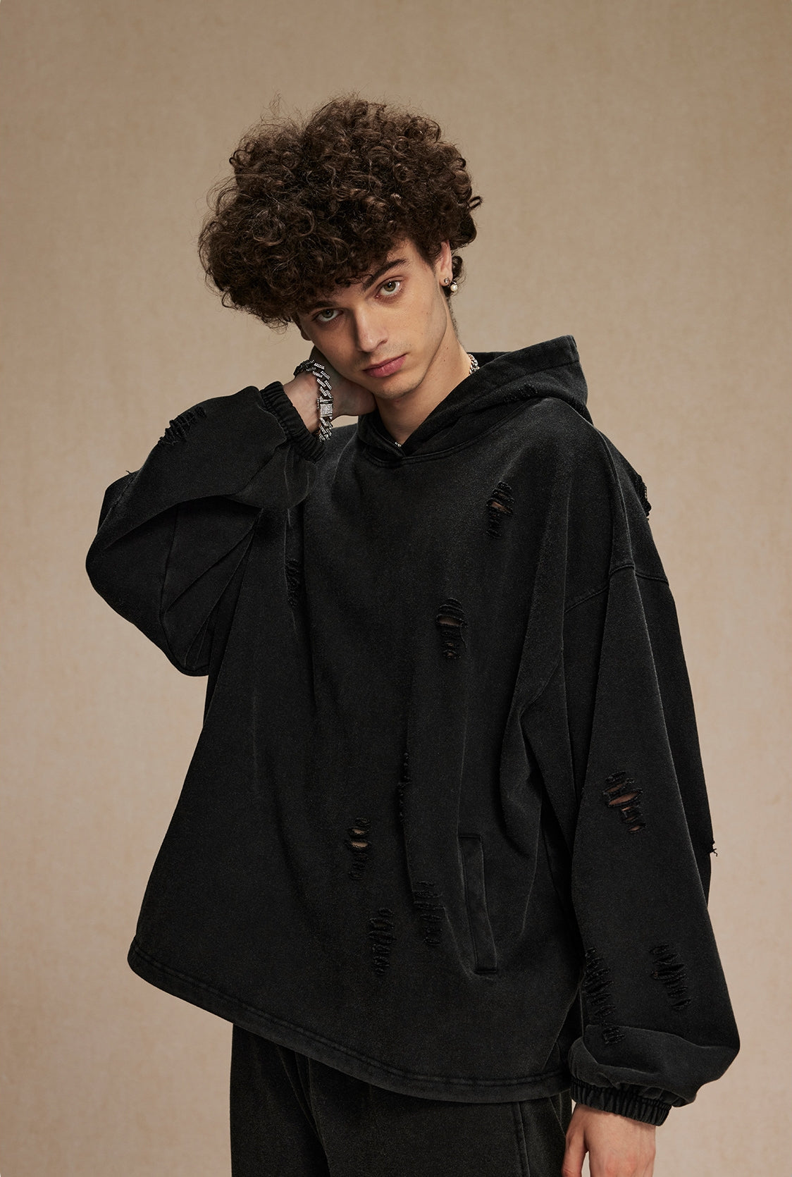 Oversize Drawstring Damage Hoodie WN9974