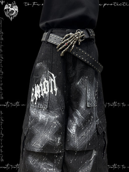 Cropped Paint Graffiti Cargo Wide Leg Denim Jeans & Skull Belt & Cross Belt & Belt Chain WN23810