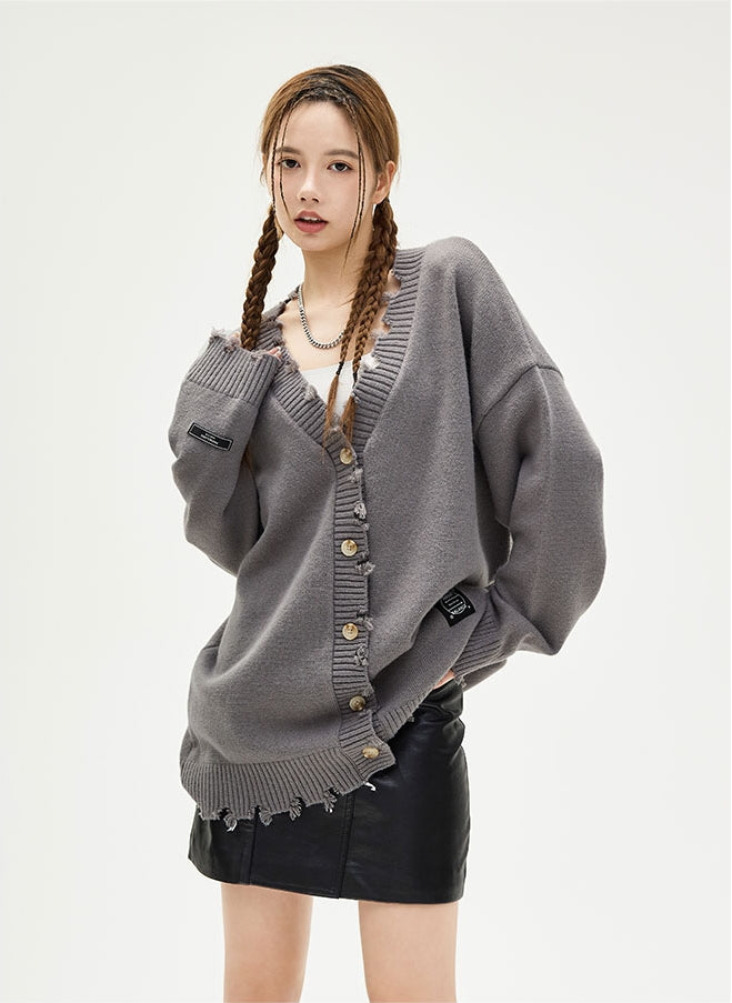 Damage V-neck Long Sleeve Knit Cardigan WN8613