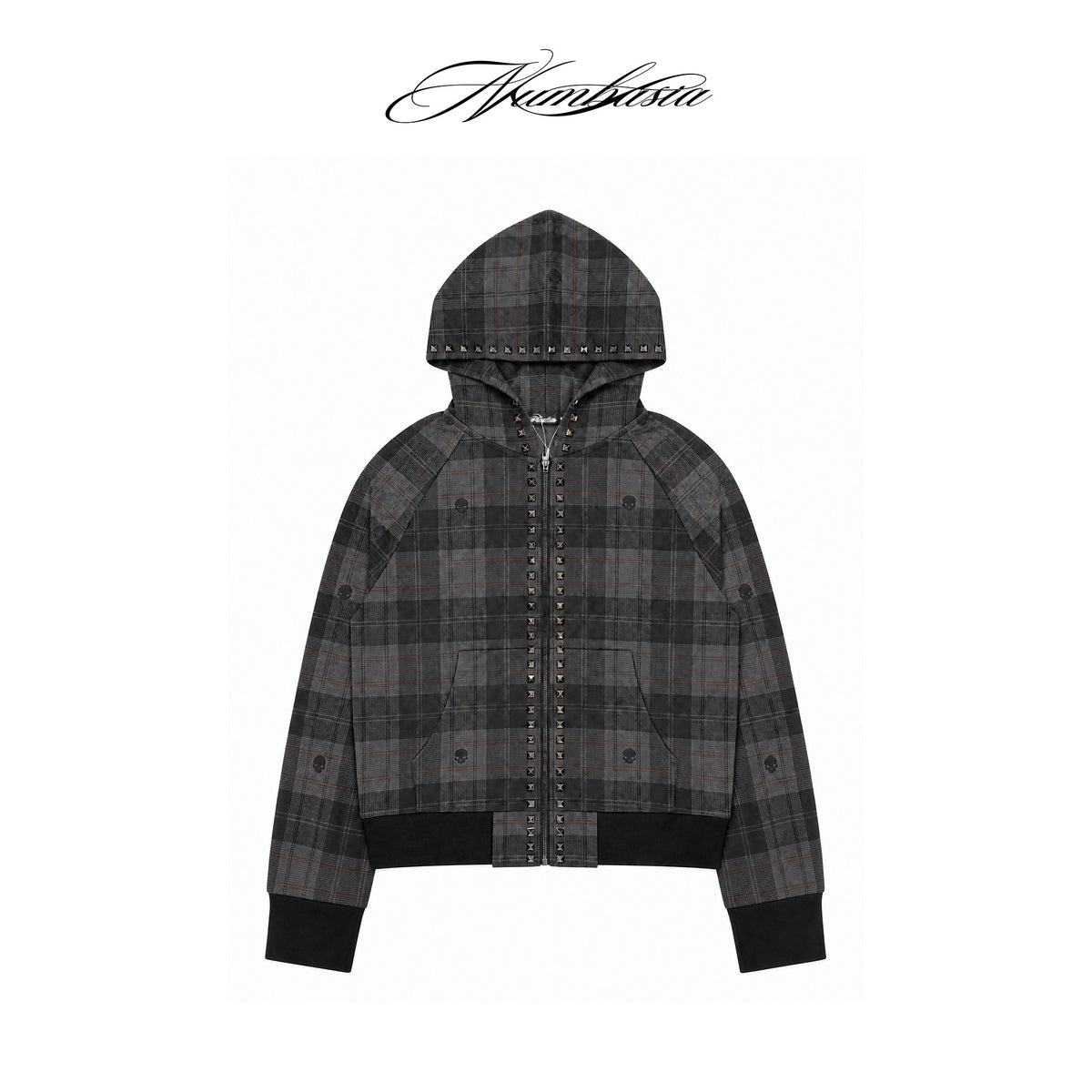 Hooded Plaid Studs Detail Jacket WN27182