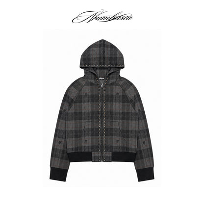 Hooded Plaid Studs Detail Jacket WN27182