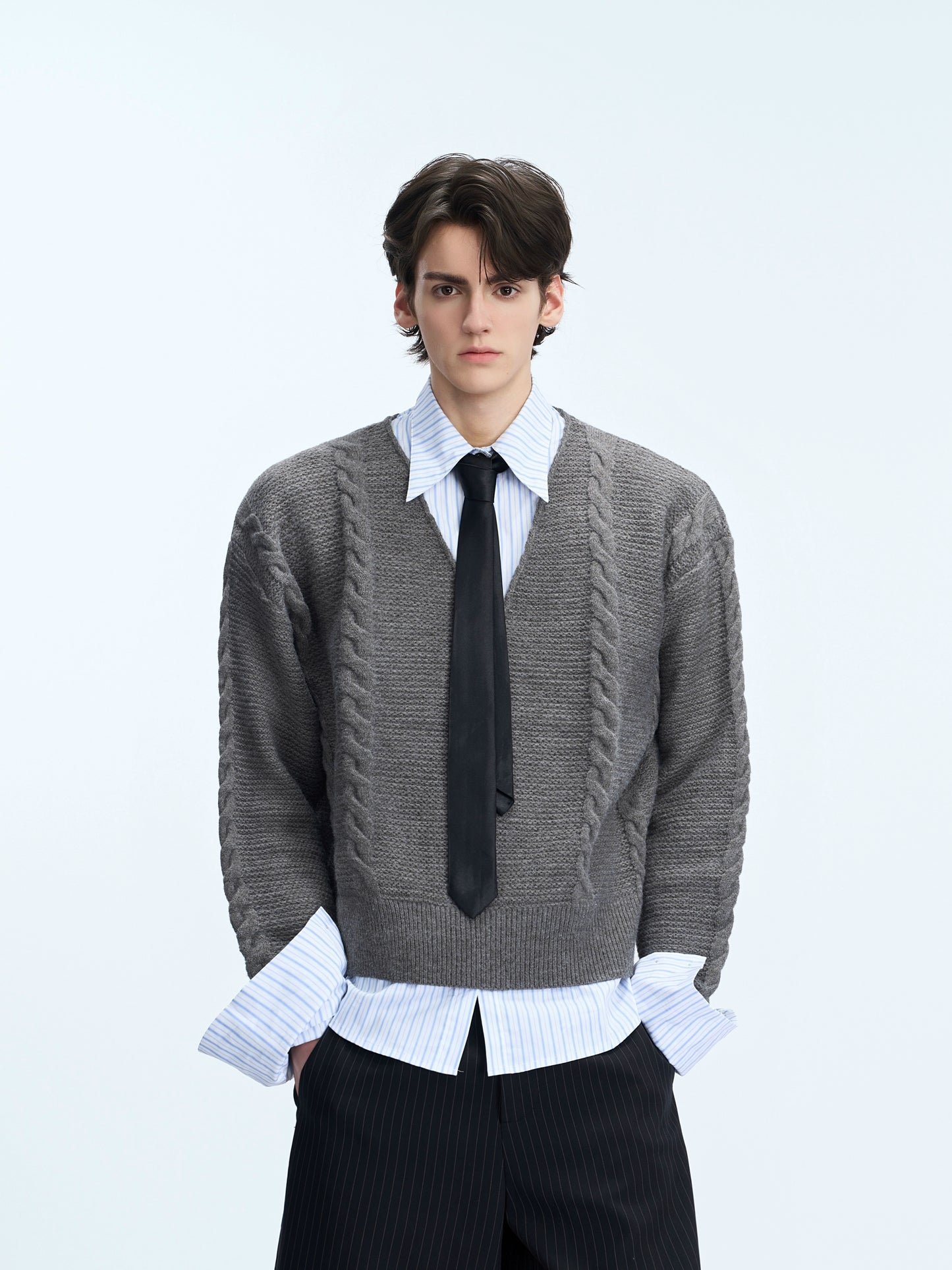 Fake Layered V-Neck Cable Knit Sweater WN21698