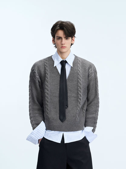 Fake Layered V-Neck Cable Knit Sweater WN21698