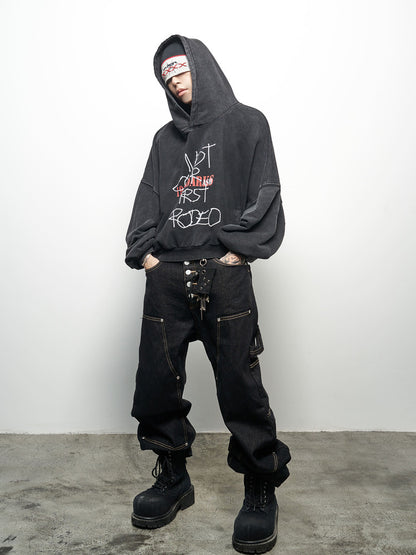 Colorblock Letter Print Washed Cropped Oversize Hoodie WN22972