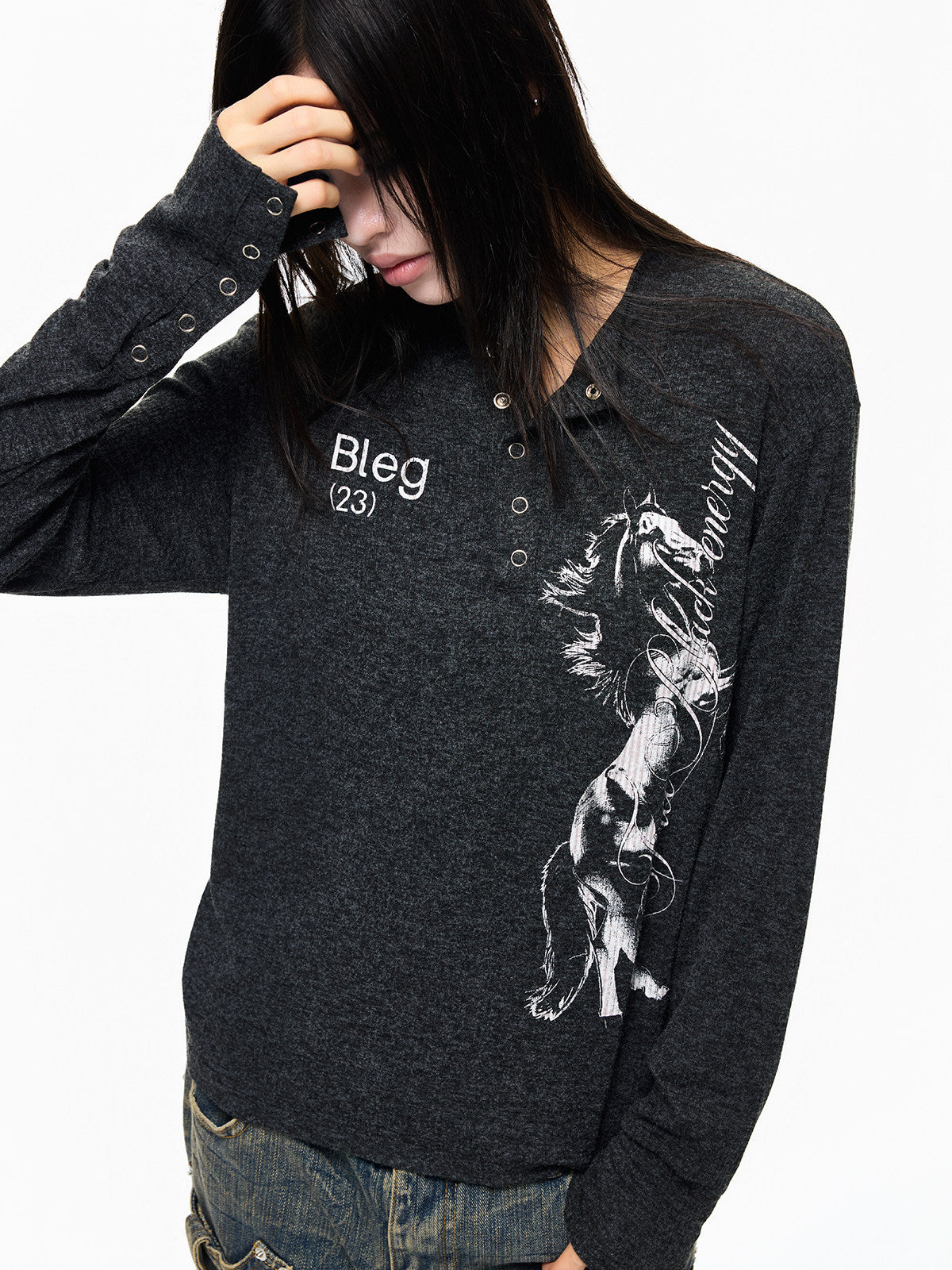 Henley Neck Horse Print Regular Shoulder Long Sleeve T-Shirt WN27329