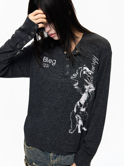 Henley Neck Horse Print Regular Shoulder Long Sleeve T-Shirt WN27329